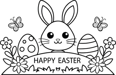 Easter Bunny Outline with Eggs, Flowers and Butterflies on Transparent Background