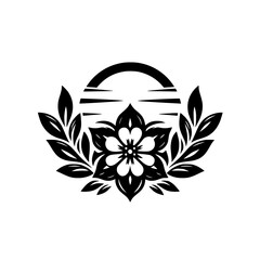 Minimalist Black and White Floral Graphic Emblem with Horizon and Leaves, Nature and Harmony Symbolism, Elegant Design Element