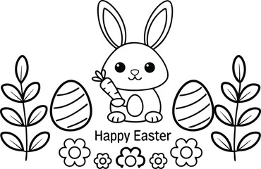 Happy Easter Cute Bunny Holding Carrot with Eggs Flowers and Leaves Outlines