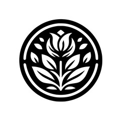 Modern Botanical Emblem within Circle - Black and White Graphic Logo Design