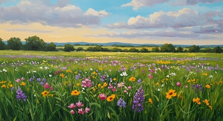 Fototapeta premium Painting of Flower Field with Trees and Sky in the Background