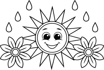 Springtime Smiling Sun Face with Rain Drops and Flowers Line Art on Transparent Background