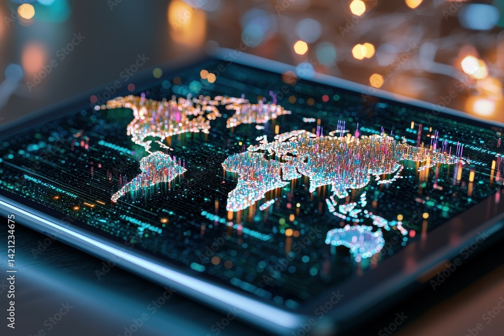 Poster Illuminated world map on a digital tablet displaying data visualization.
