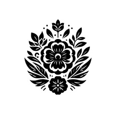 Stylized Black and White Folk Art Floral Motif Design Element