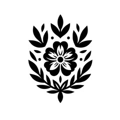 Elegant Black and White Stylized Floral Motif - Minimalist Decorative Flower and Leaves Illustration