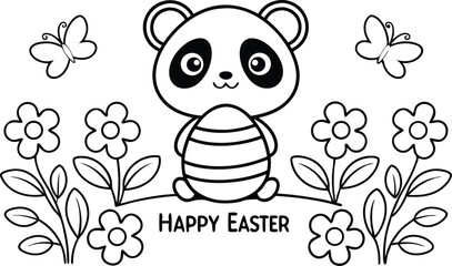 Cute Panda Holding Striped Egg with Butterflies and Flowers Line Art Outline Style