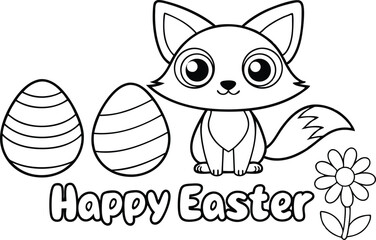 Happy Easter Outline with Cartoon Fox, Eggs, and a Flower with Transparent Background