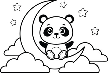 Cute Panda Sitting on Moon with Clouds and Stars Line Art
