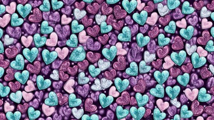 A vibrant abstract background filled with sparkling scattered purple, blue, and pink heart shapes on a deep blue backdrop, representing love, unity, and celebration of perfect for Valentine's Day