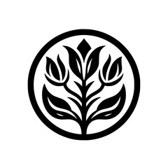 Stylized Black and White Floral Graphic Icon in Circle - Minimalist Organic Nature Symbol Design Element