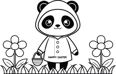 Panda Bear with Basket, and Flowers Outline on Transparent Background