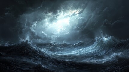 A dramatic ocean scene featuring large waves under a stormy sky with a bright light shining through 100