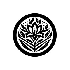Stylized Black & White Botanical Icon - Lotus Flower Graphic in Circle, Ideal for Spiritual, Wellness, or Natural Branding