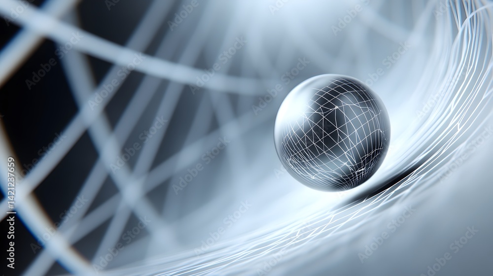 Poster a spherical object with grid lines set against a swirling background
