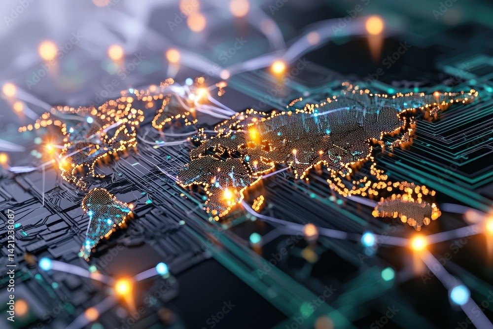 Poster abstract representation of a world map with digital circuits and glowing connections.