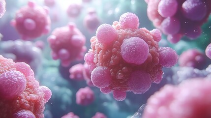 3D rendering of dendritic cells and macrophage cells attacking cancer cell in human body, microscopic view of malignant tumor cells for medical research, oncology, health science, immunotherapy