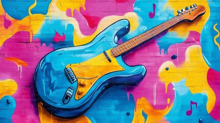 Colorful graffiti style painting of an electric guitar on brick