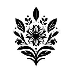 Symmetrical Black and White Floral Emblem. Elegant Botanical Motif in Classic Silhouette Style for Decorative Designs.