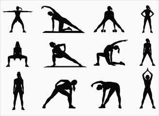 Fototapeta premium Set of 12 Female Fitness Silhouettes – Women Exercising Vector Illustration on White Background