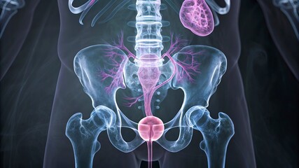 Digital illustration of pelvic girdle in colour  x-ray background 3D illustration of Human Urinary System Anatomy 