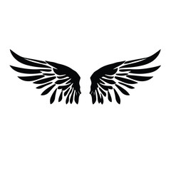 Black silhouette wings logo geometric shapes, clean lines, centered on white background. Symmetrical design, minimal style. Vector format, aviation or freedom concept