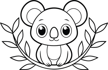 Cute Koala Sitting on Branch, Line Art with Transparent Background