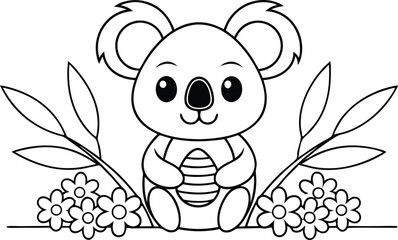Cartoon Koala Bear Outline Sitting with Flowers and Leaves on Transparent Background
