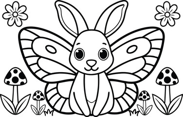 Coloring page with a cute butterfly rabbit, flowers and mushrooms outline
