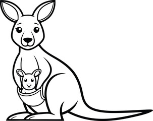 Cartoon Kangaroo with Joey in Pouch Outline on Transparent Background
