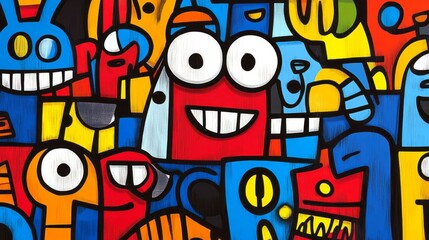 Cartoonish vibrant and colorful characters are displayed in an abstract painting