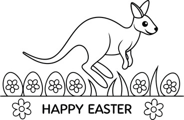Leaping Kangaroo with Easter Eggs and Flowers Outline on Transparent Background