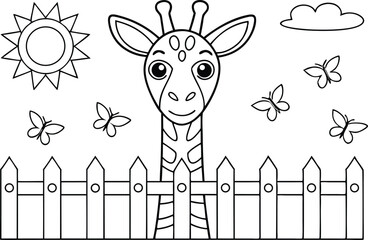 Cute Giraffe with Sun Cloud and Butterflies Outline on White Background