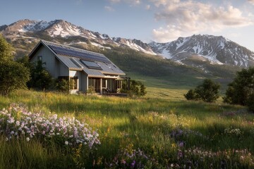 Obraz premium Sustainable House nestled in Wildflower Meadow, Mountain View, Solar Powered Home, Eco-Friendly Living, Serene Landscape