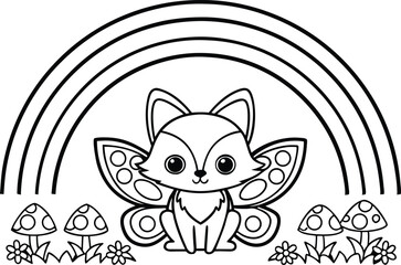 Fox with Butterfly Wings, Mushrooms, and Rainbow on Transparent Background