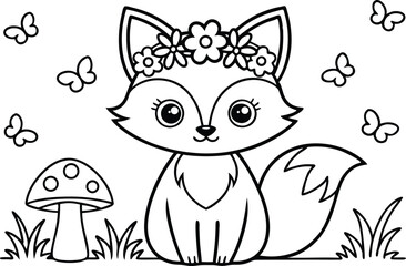 Cute Fox with Flower Crown, Mushroom and Butterflies Outline Cartoon Design