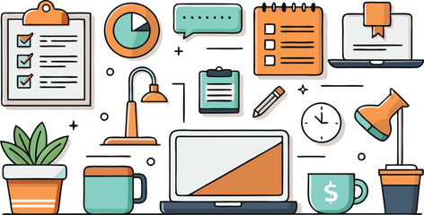 Workspace Illustration: Desk with Laptop, To-Do List, Clock, Plant, and Coffee - Flat Vector Office Clipart for Productivity