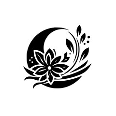 Elegant Stylized Black Floral and Crescent Graphic Design Element