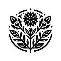 Stylized Black & White Folk Floral Circle Motif Graphic