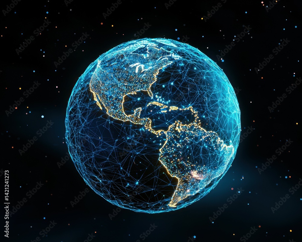 Poster a digital globe with interconnected networks, representing global communication and technology.
