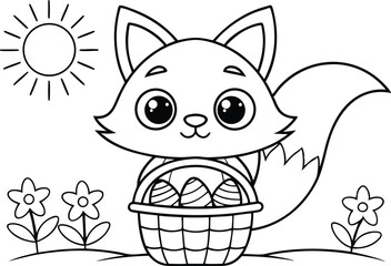 Fox Carrying Basket with Easter Eggs Under Sunlight Outlined on Transparent Background
