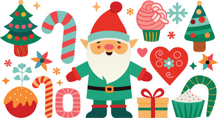 Fototapeta premium Cute Christmas Elf Clipart: Holiday Vector Illustration with Candy Canes, Trees, Cupcake, Heart, and Gift Box for Festive Designs