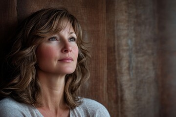 Fototapeta premium Woman with soft smile and thoughtful expression gazes out by wooden wall