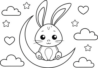 Cute Rabbit Sitting on Moon with Hearts Clouds and Stars Black Line