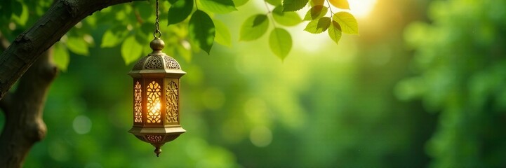 Obraz premium A beautiful lantern hanging amidst lush green foliage, symbolizing serenity and light.