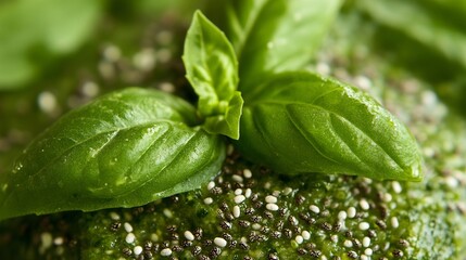 Fresh green basil leaves on chia seeds pesto healthy food herb diet meal plant vegan macro salad