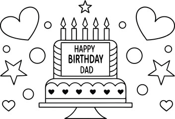 Happy Birthday Dad Cake, Candles, Star and Heart, Isolated on White Outline