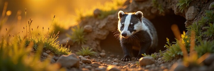 Fototapeta premium A majestic badger emerges from its burrow under the golden light of dawn.