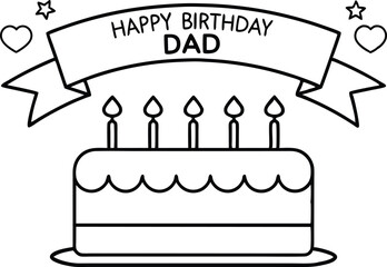 Happy Birthday Dad Banner Over Cake with Candles Star and Heart Icons outline