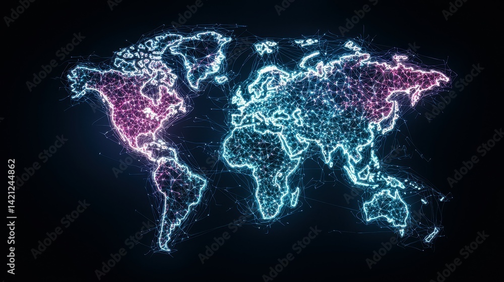 Poster colorful digital world map made of glowing lines and nodes on a dark background.