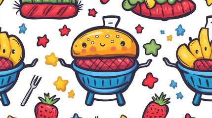 Fototapeta premium Whimsical seamless pattern featuring cartoon barbecue and food elements